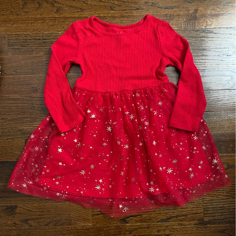 3T girls twirl dress Red Long Sleeve Starry Tulle Overlay Skirt Metallic Gold